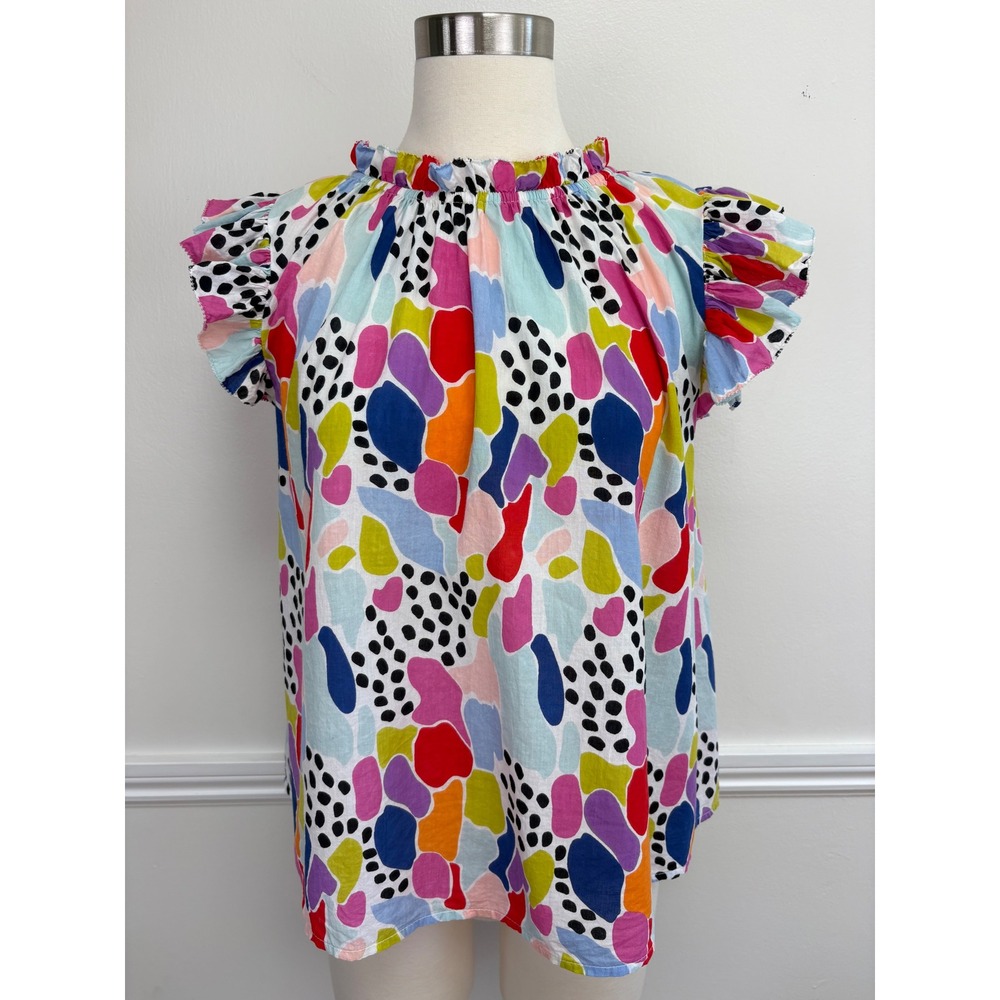THML Ruffle Sleeve Cotton Top Size S Multicolor Round Ruffle Neck Colorful Artsy
